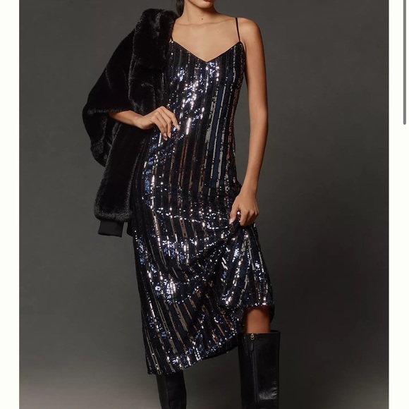 NWT Maeve Sequin Midi Slip Dress Vertical Stripe Navy Silver Black Size Small - Picture 1 of 12